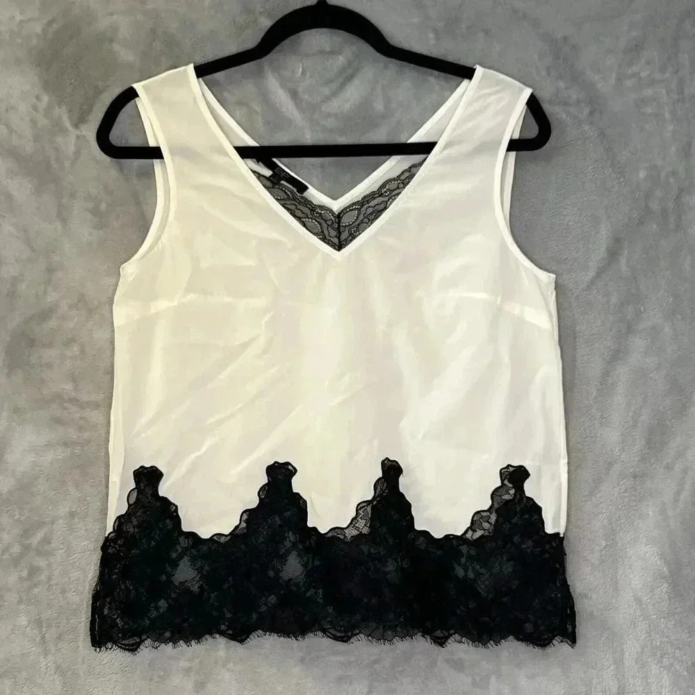 EP Womens Sz 3 M Silk Cami Dainty‎ Lace Detail Ivory/Black Sides Slits Top